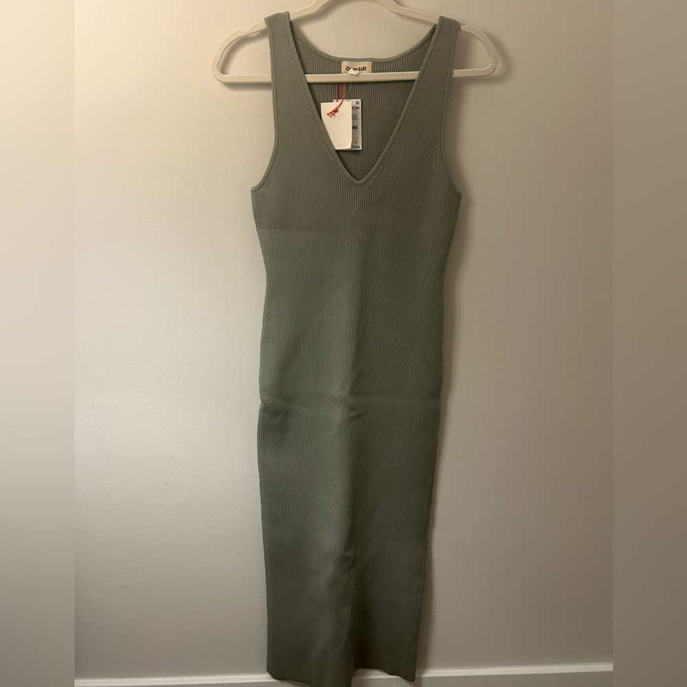 Open Edit Ribbed Knit Green Dress